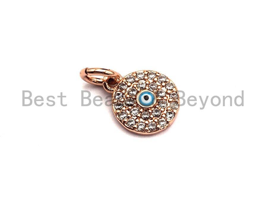 CZ Micro Pave Round Evil Eye on Disc Pendant, Cubic Zirconia Pendant, Silver/Gold/Rose Gold/Black Tone, 8x10mm, Sku#Z383