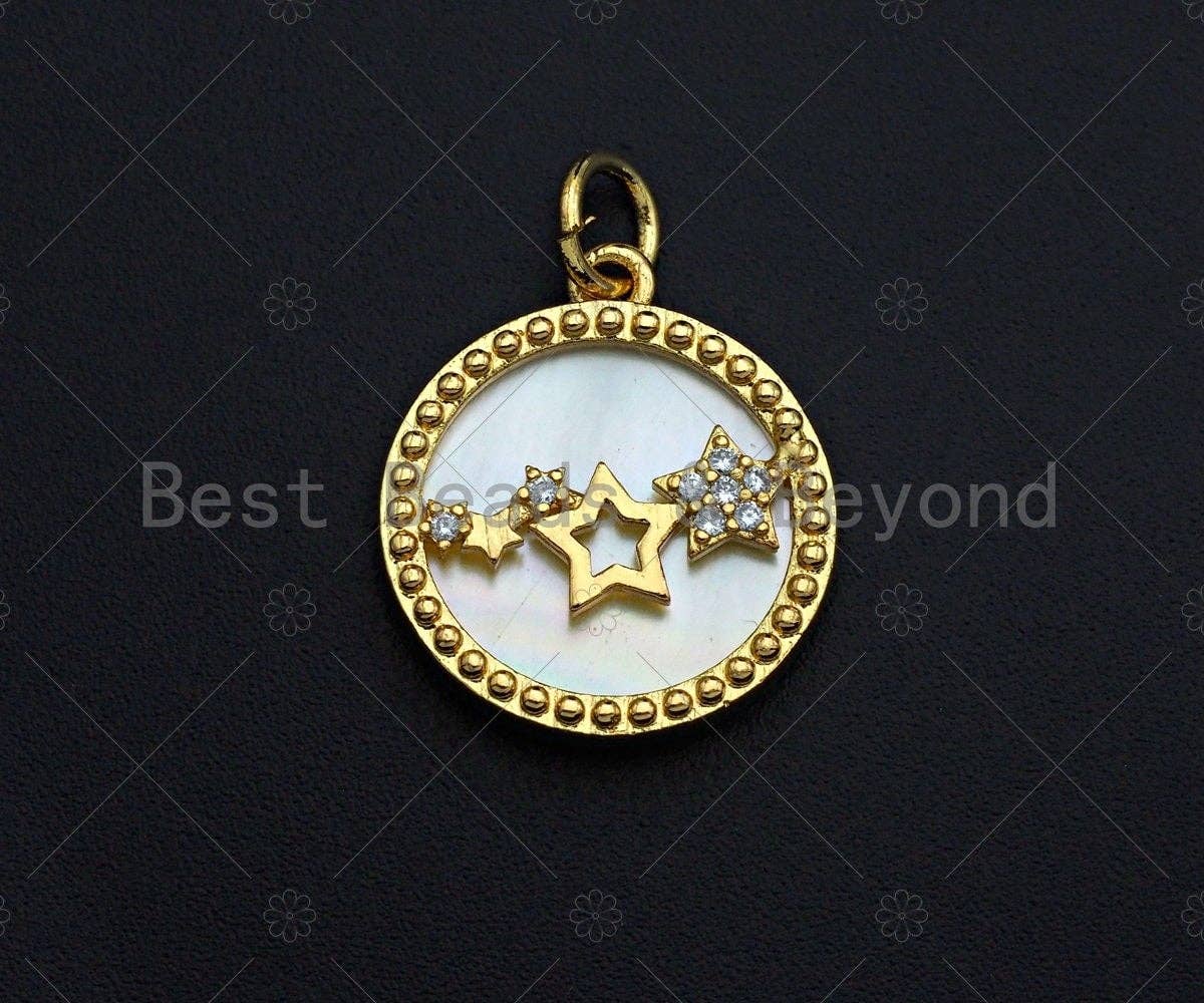 18K Gold CZ Micro Pave Twinkle Little Stars Inlay Mother-of-pearl Pendant Charm, Cubic Zirconia Charm, 16mm, sku#Z1132