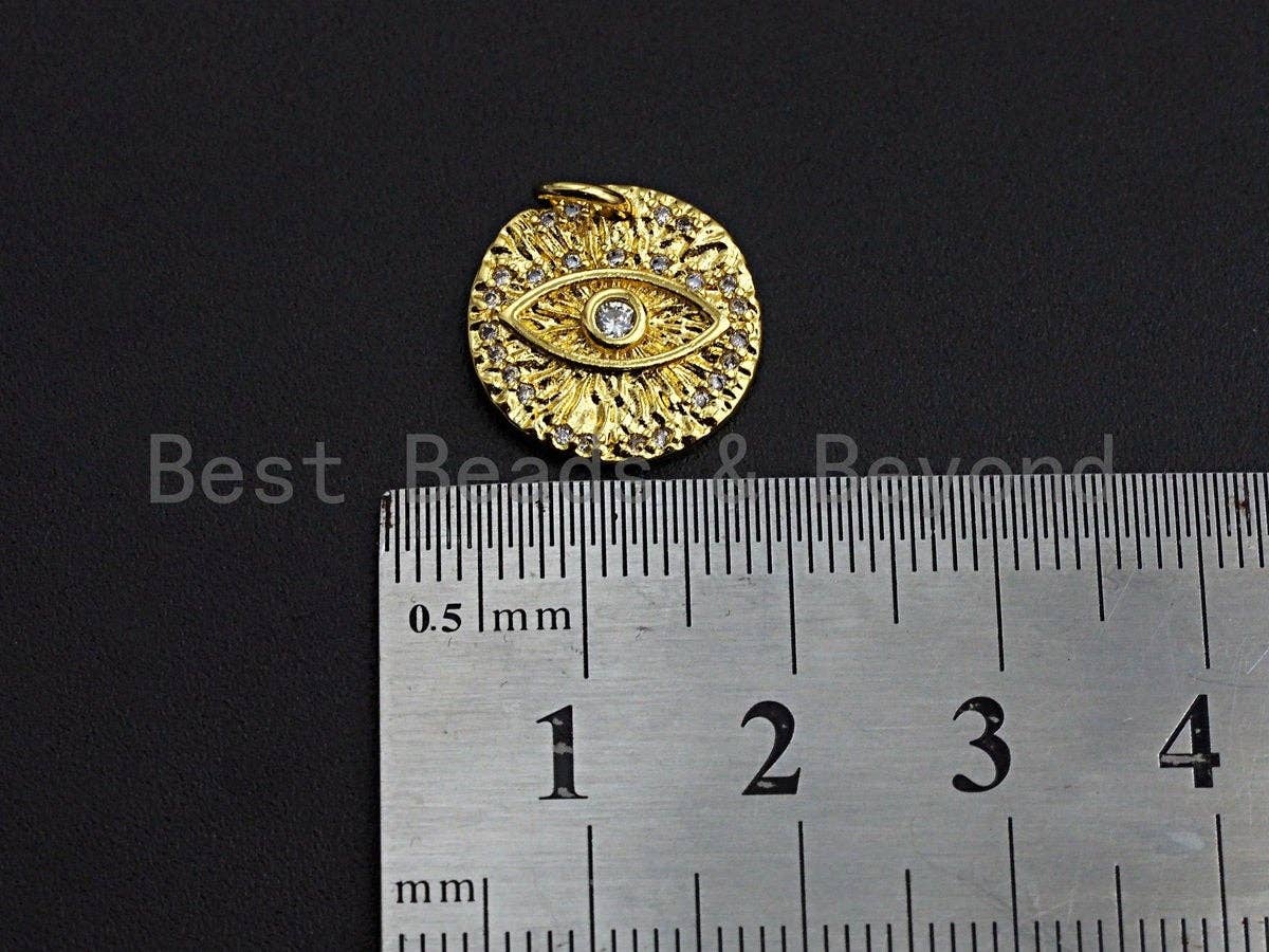 Clear CZ Micro Pave Evil Eye on Disc Pendant/Charm, Embossment Brass Lucky eye Cubic Zirconia Pendant, Gold Tone, 15mm,Sku#Z765