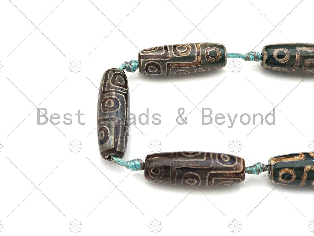 Natural Tibetan Agate Barrel Beads, Green Dzi Drum Beads, Tibetan Dzi Beads, 10x30mm, Sku#U1045