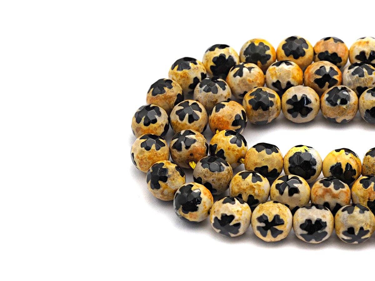10mm Quality Dzi Black Yellow Aage with Flower Patten Beads, sku#U559c