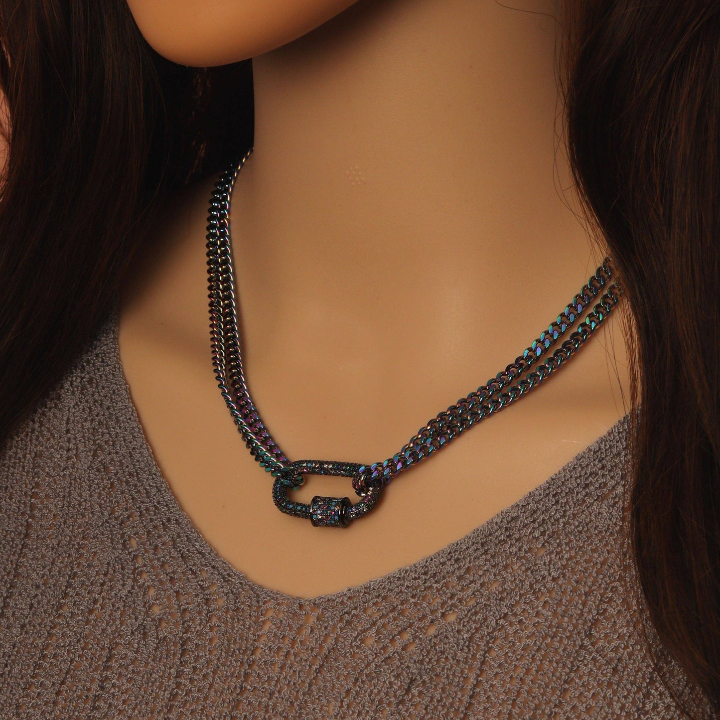 Rainbow Link Chain Carabiner Pendant Necklace, Sku#EF517