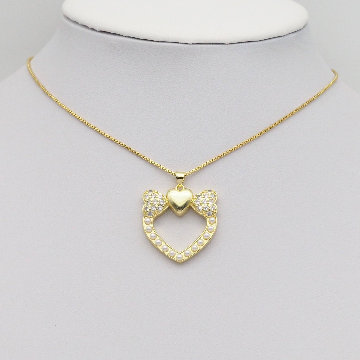 Gold CZ Bow Heart Pearl Around Charm, Sku#LK882