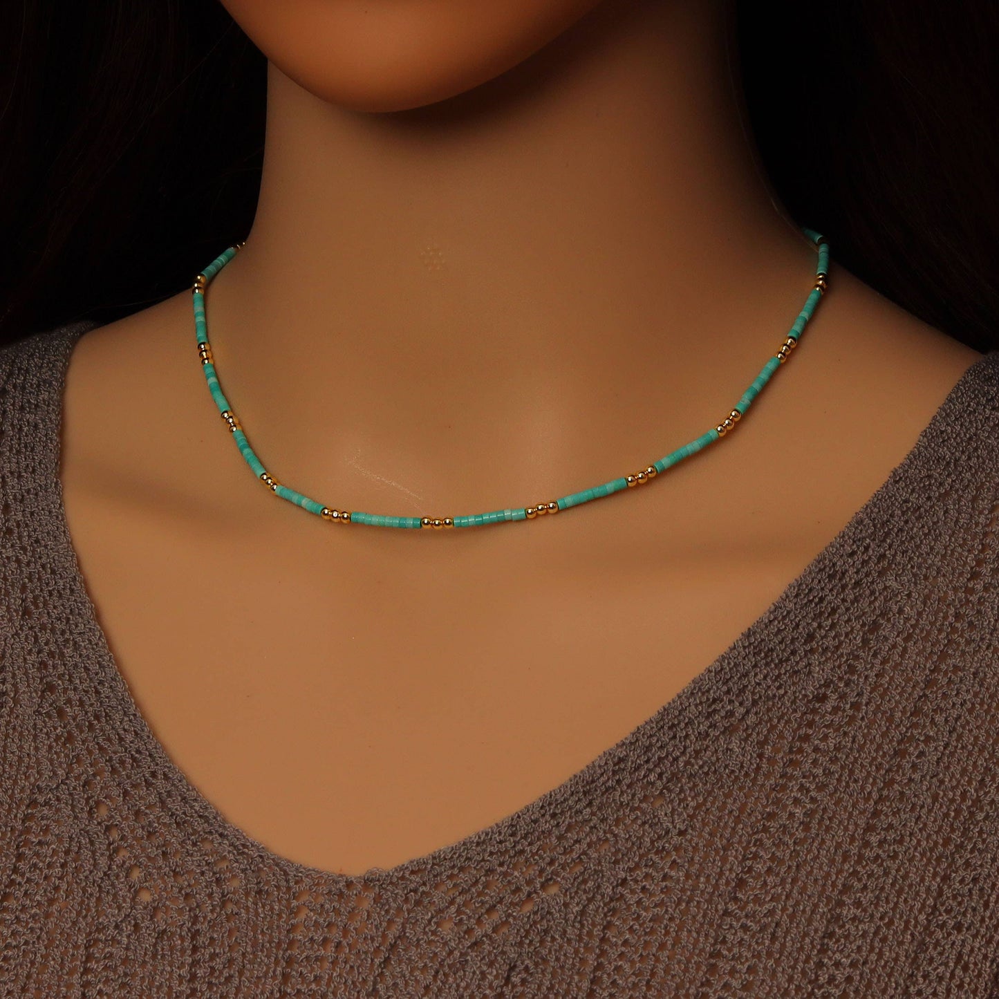 Green Gemstone Beads with Gold Spacer Necklace, sku#EF552