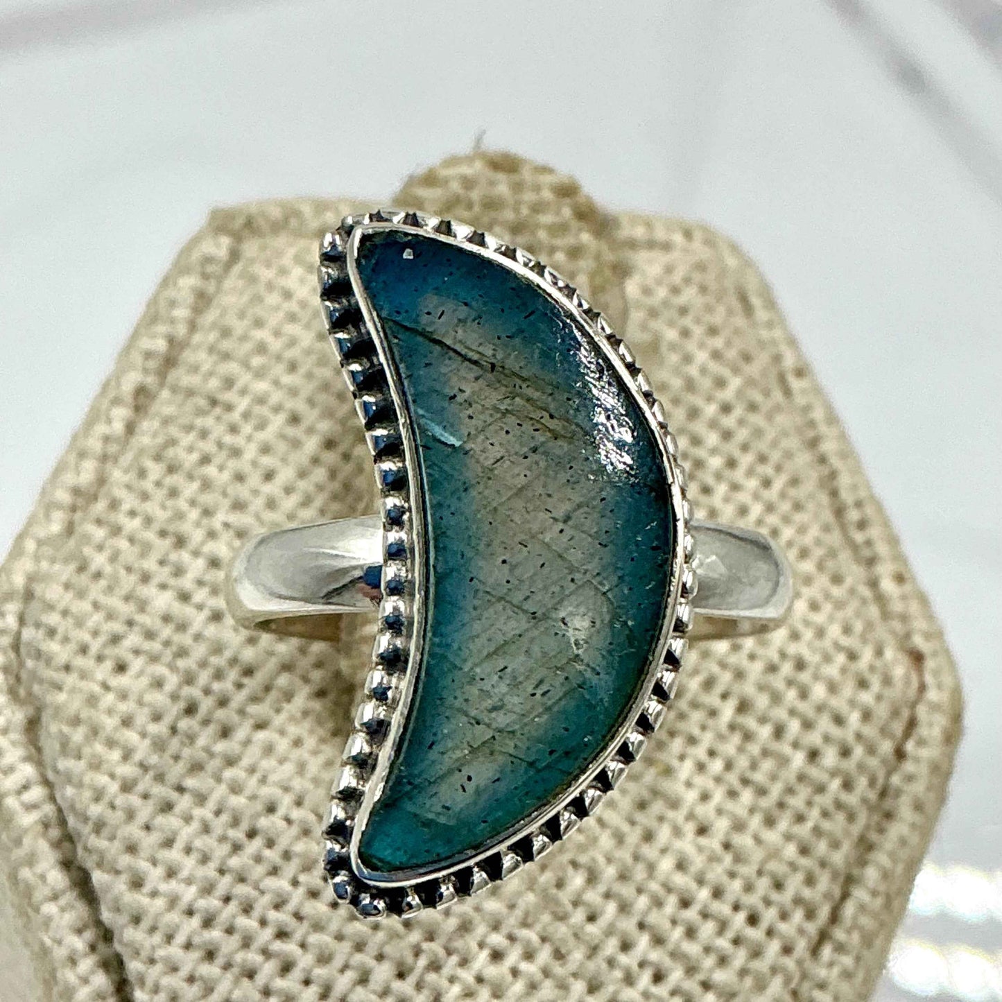 Sterling Silver Labradorite Crescent Moon Ring – Size 8 – Protection, Intuition & Transformation