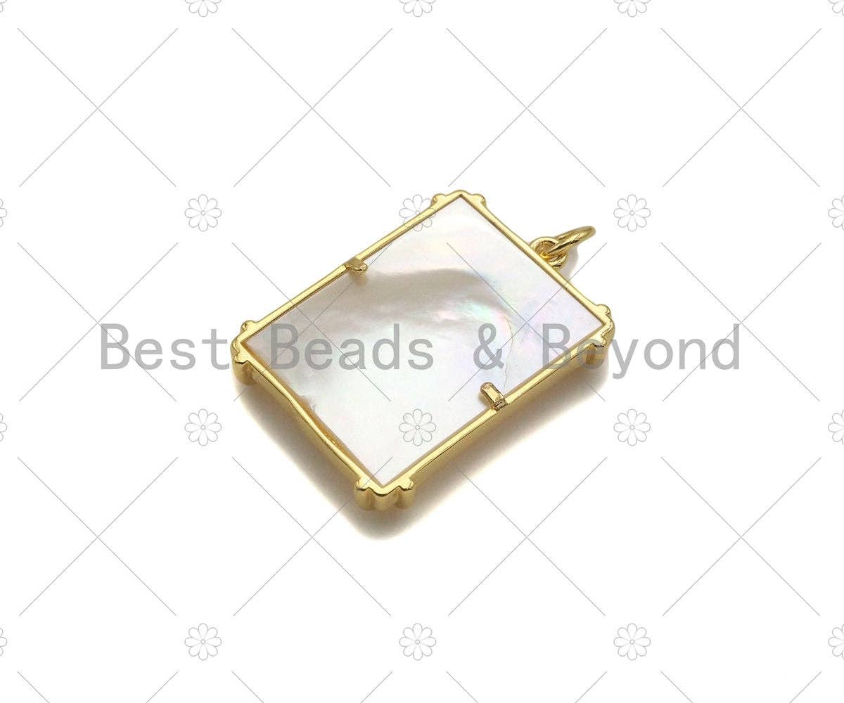 Gold Filled CZ Micro Pave North Star Cresent Moon on Mother of Pearl Rectangle Pendant,18K Gold Filled MOP Charm,17x24mm,Sku#Z1338