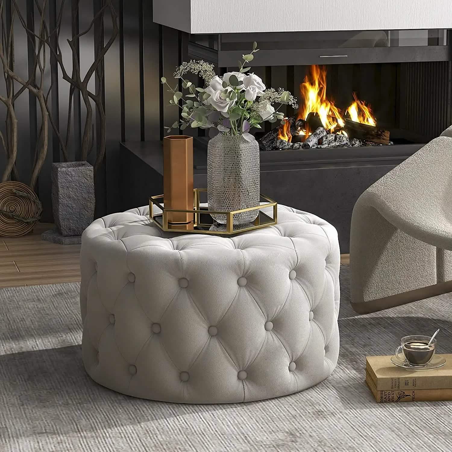 Pouf rond en velours capitonné de 75 cm, classique, avec rangement, repose-pieds de salon