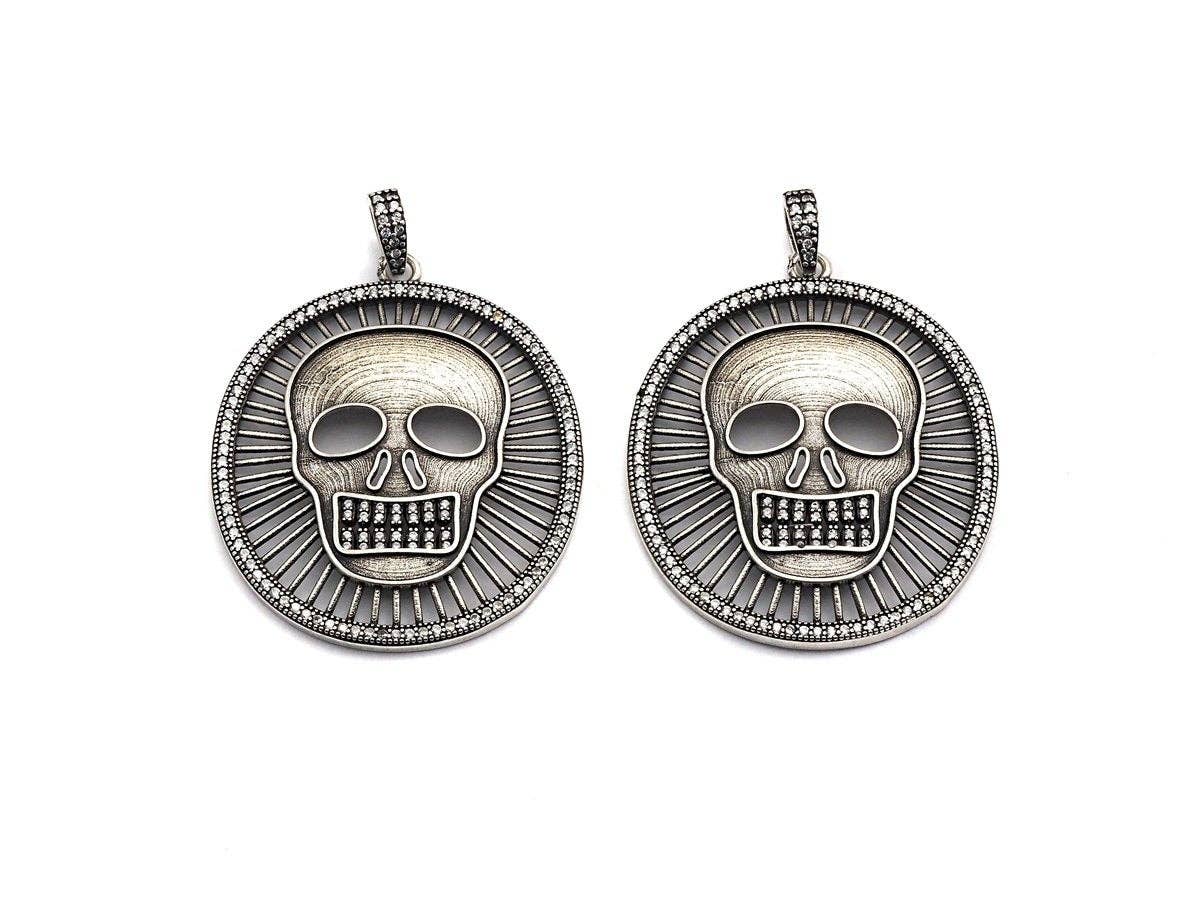 Antique Finish CZ Micro Pave Hollow out Skull Pendant, Silver Tone, 39x46mm,sku#F988C