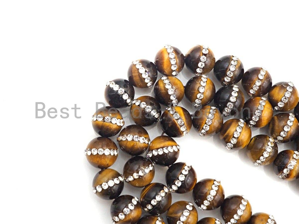High Quality Yellow Tiger Eye with rhinestone inlaid, 6mm/8mm/10mm/12mm/14mm, Tiger eye Beads, 15.5inch Full strand, SKU#V51