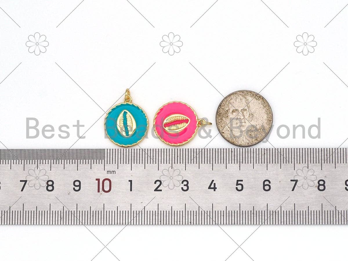 Gold Cowire Shell On Colorful Enamel Round Coin Shape Pendant, Sku#L623