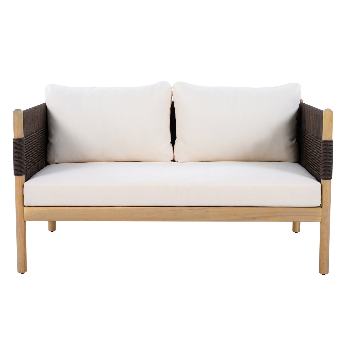 Outdoor Acacia Wood Loveseat with Diamond Rope Weave & Cushions, Light Teak