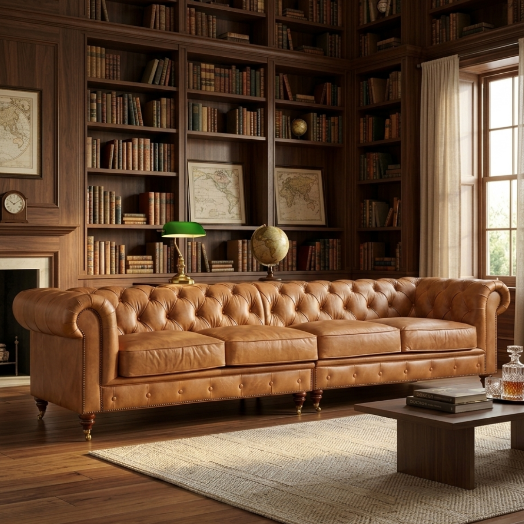 Preorder  Century Chesterfield Sofa - Light Brown Leather - 118"