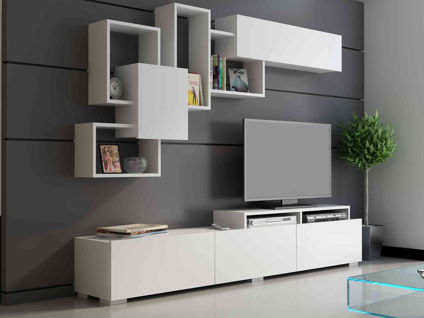 Amor TV Stand Entertainment Center  with Wall Shelf and Cubbies for up to 85'' TVs