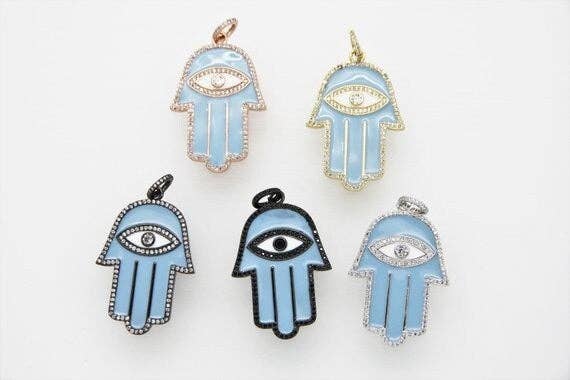 Enamel Oil Drop Hamas Hand Pendant,Cubic Zirconia Hamas Hand Pave Pendant, Blue Pave Pendant, 29x43mm, SKU#F599C