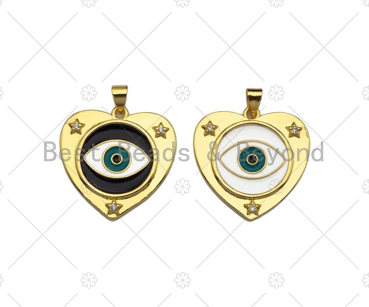 CZ Micro Pave Enamel Evil Eye On Heart Shape Pendant/Charm,Cubic Zirconia Star Charm, Necklace Bracelet Charm Pendant,25x25mm, Sku#LK217