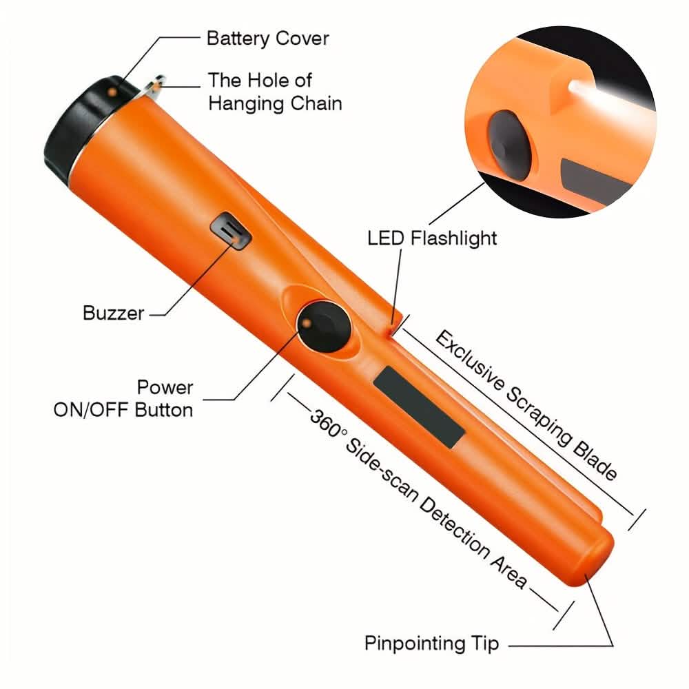 360°ピンポインターメタルディテクター LED、振動＆ホルスター付き（オレンジ）