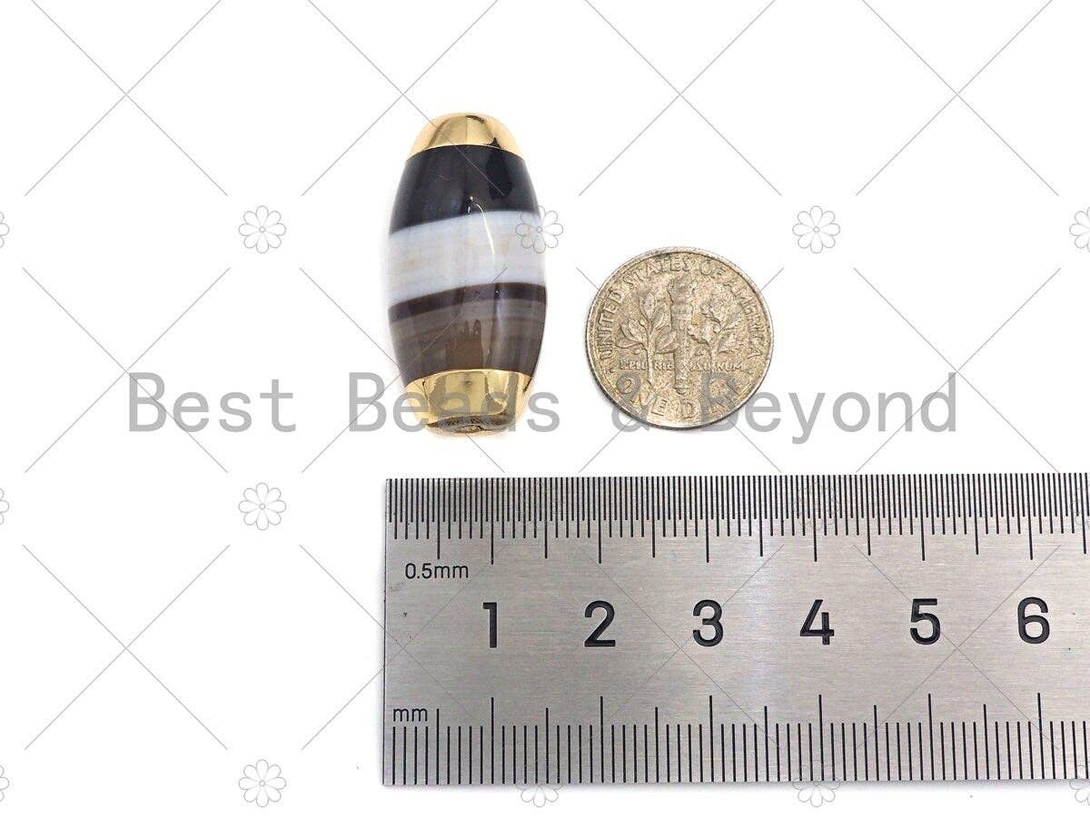 15x30mm Large Natural Banded Agate with Silver/Gold/Rose Gold Finish,Barrel Shape Spacer Beads, Oval Banded Agate Beads, sku#U993