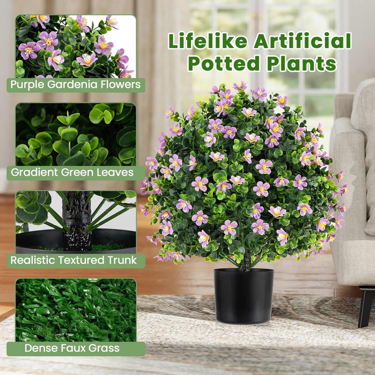 2 Pack Artificial Boxwood Topiary Ball Tree Faux Shrub Bushes with Flowers