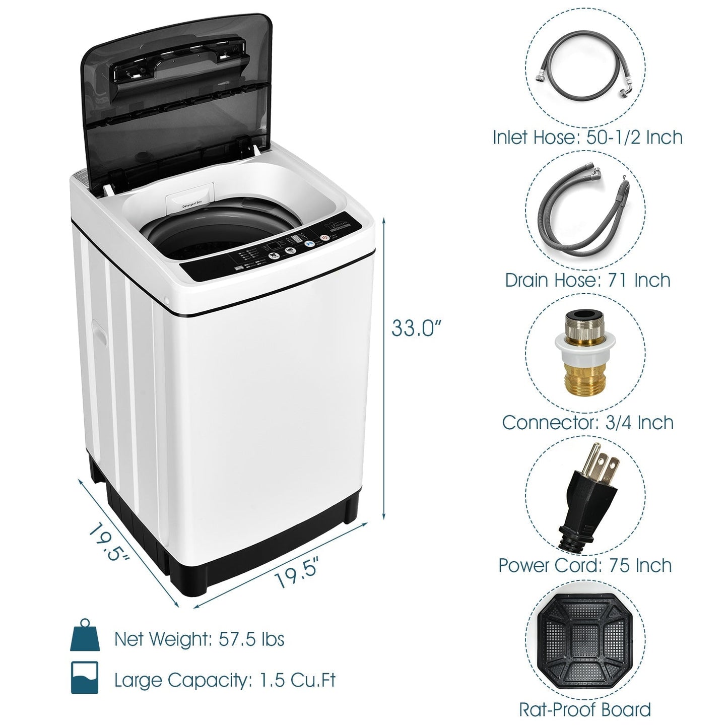 Full-Automatic Washing Machine 1.5 Cubic Feet 11 LBS Washer