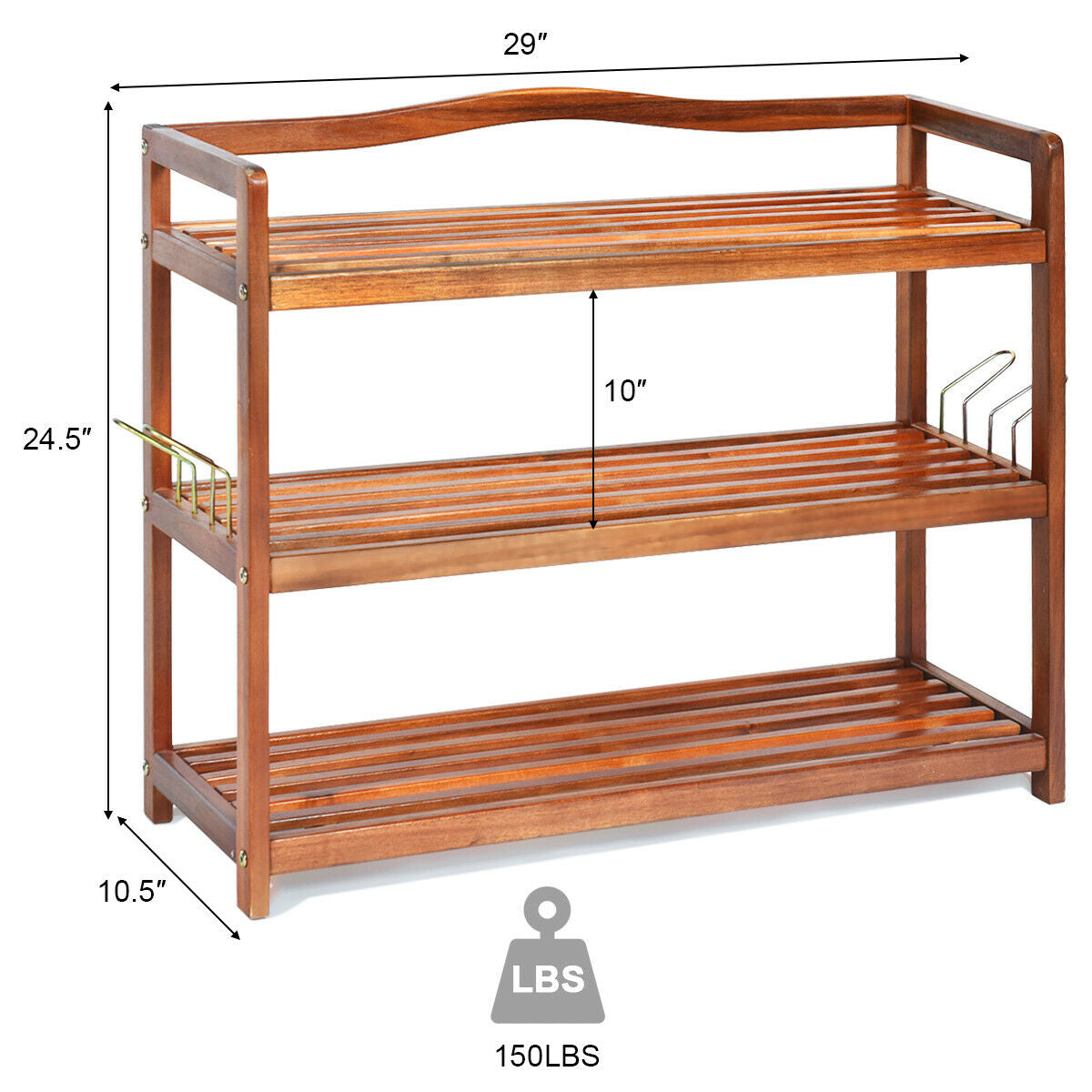 2-Tier Acacia Wood Shoe Rack with 4 Side Metal Hooks