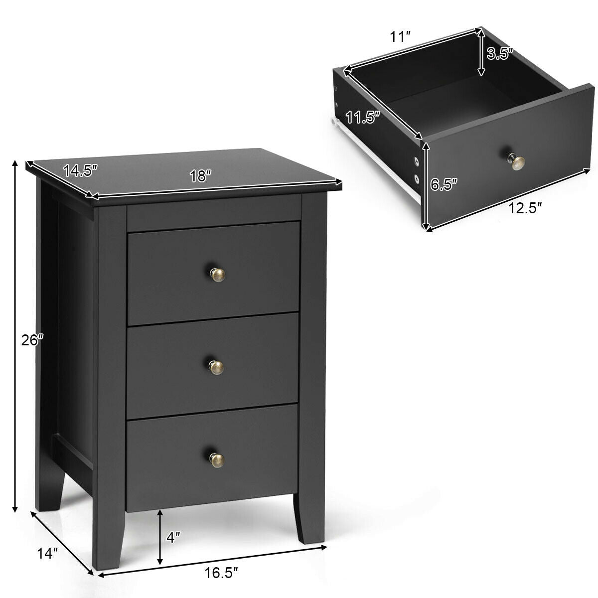 Set of 2 Nightstand End Beside Table Drawers