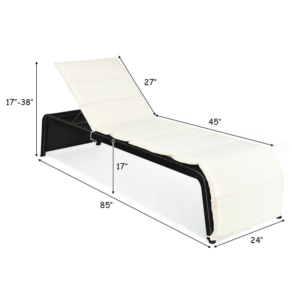 Patio Rattan Lounge Chair Back Adjustable Chaise Recliner with Cushioned