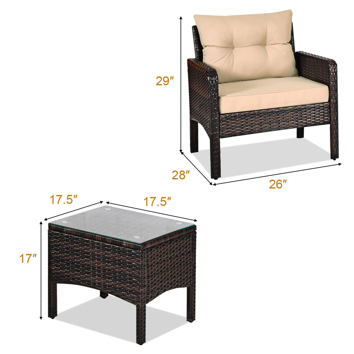 3 Pcs Outdoor Patio Rattan Conversation Set with Seat Cushions-Black