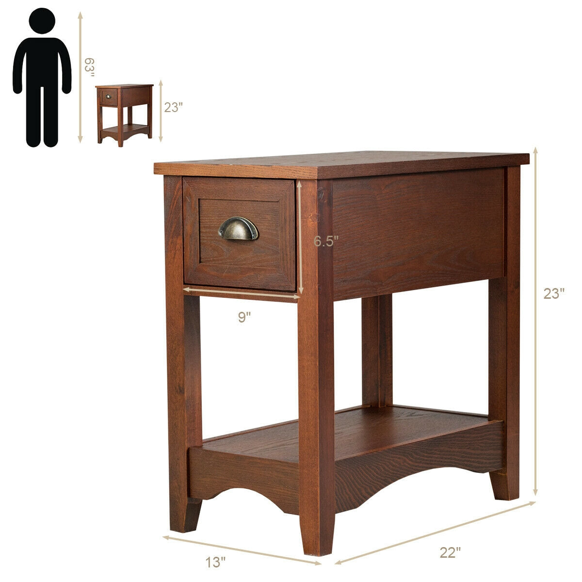 2 Pieces Retro Narrow Tiered End Table with Drawer and Storing Shelf