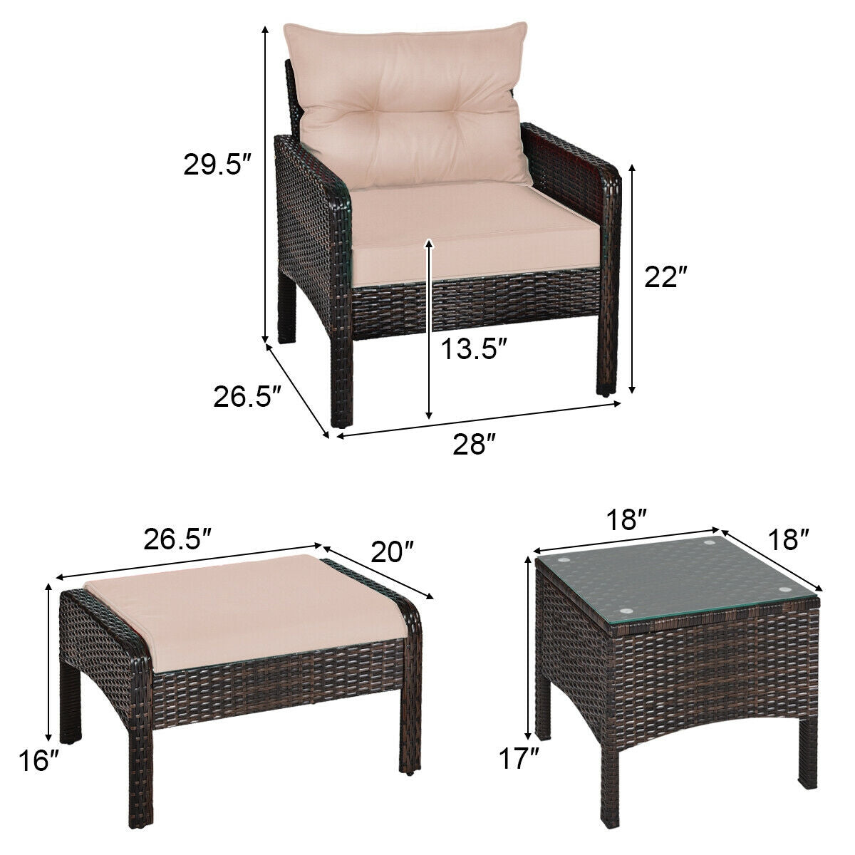 5 Pieces Patio Rattan Sofa Ottoman Furniture Set with Cushions-Black