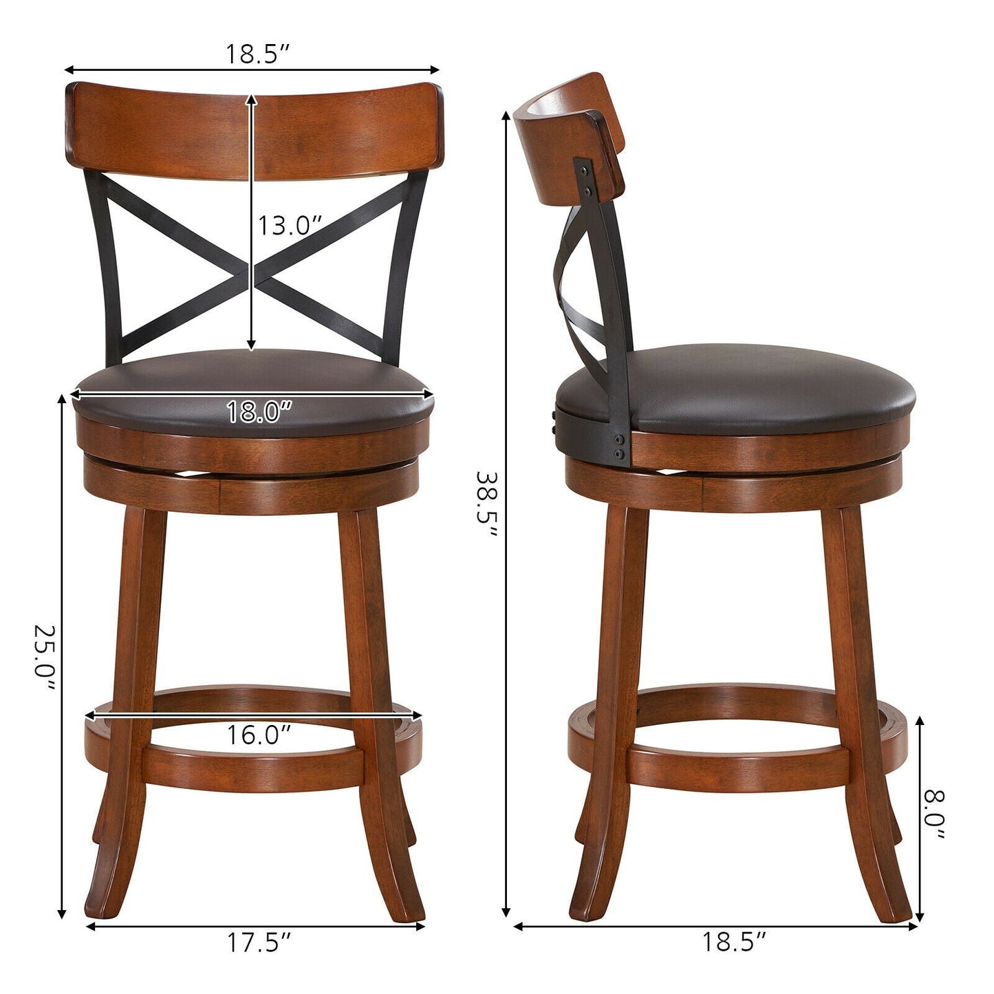 Set of 2 Bar Stools 360-Degree Swivel Dining Bar Chairs with Rubber Wood Legs