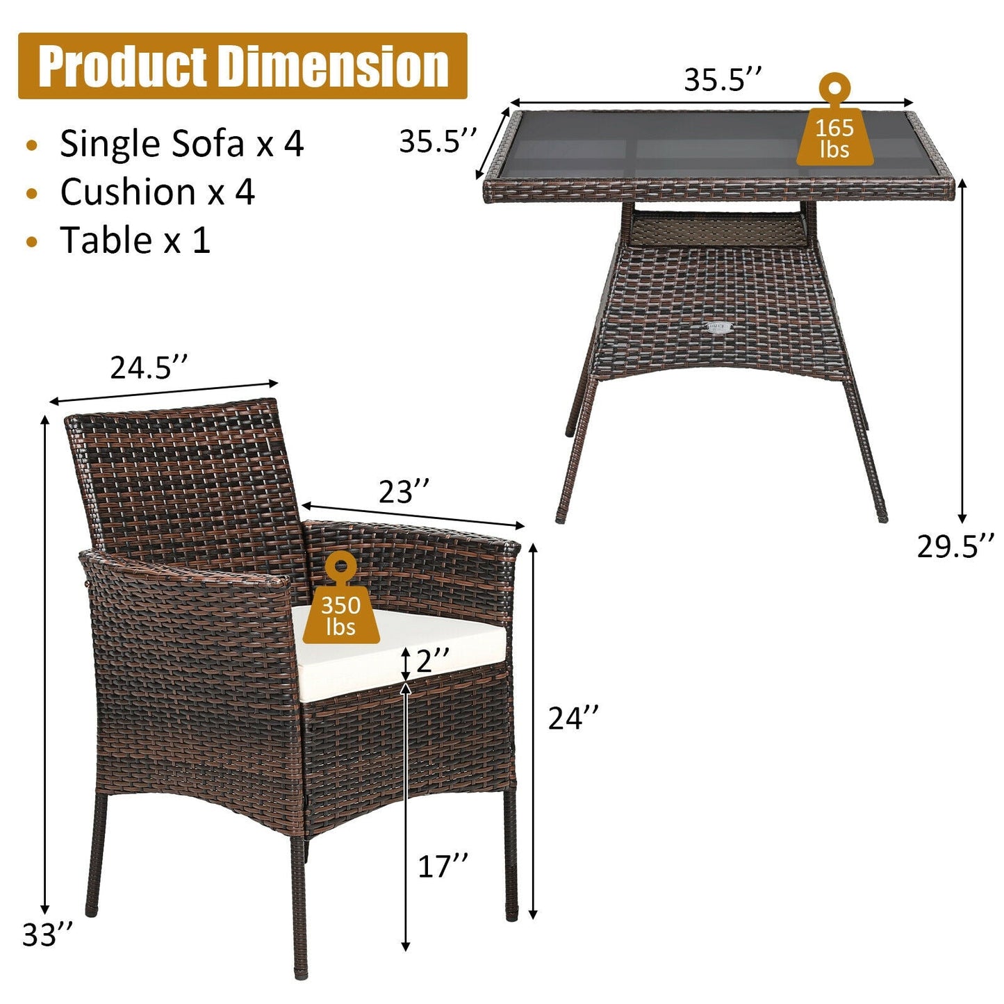 5 Pieces Patio Rattan Dining Furniture Set with Arm Chair and Wooden Table Top