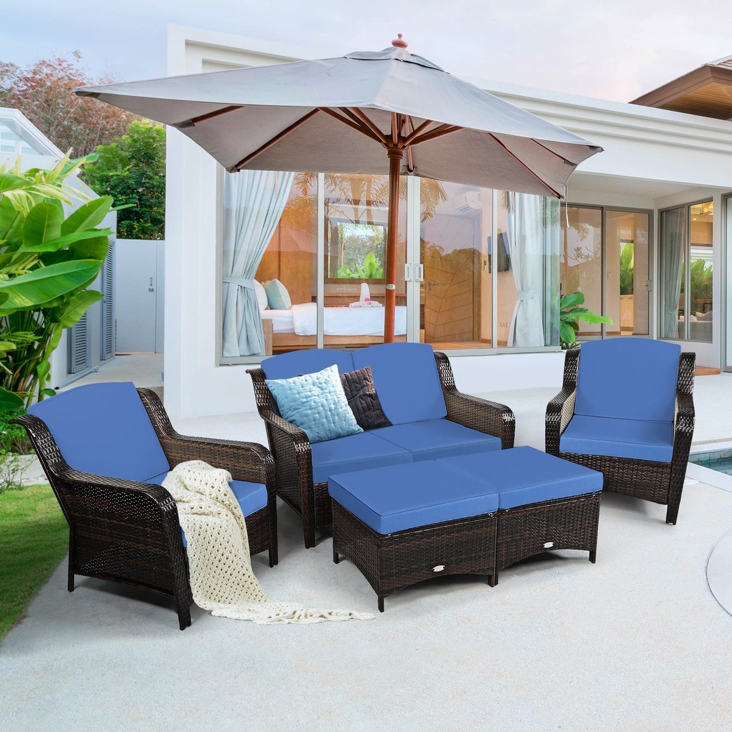 5 Pieces Patio Rattan Sofa Set with Cushion and Ottoman