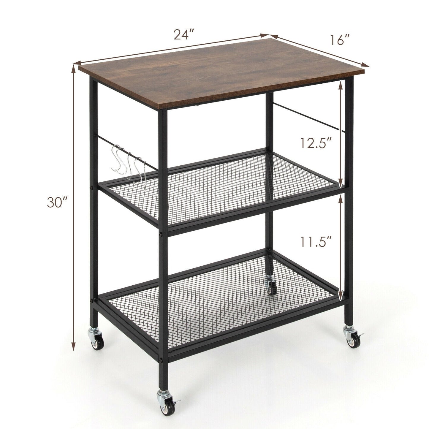 3-Tier Kitchen Serving Cart Utility Standing Microwave Rack with Hooks