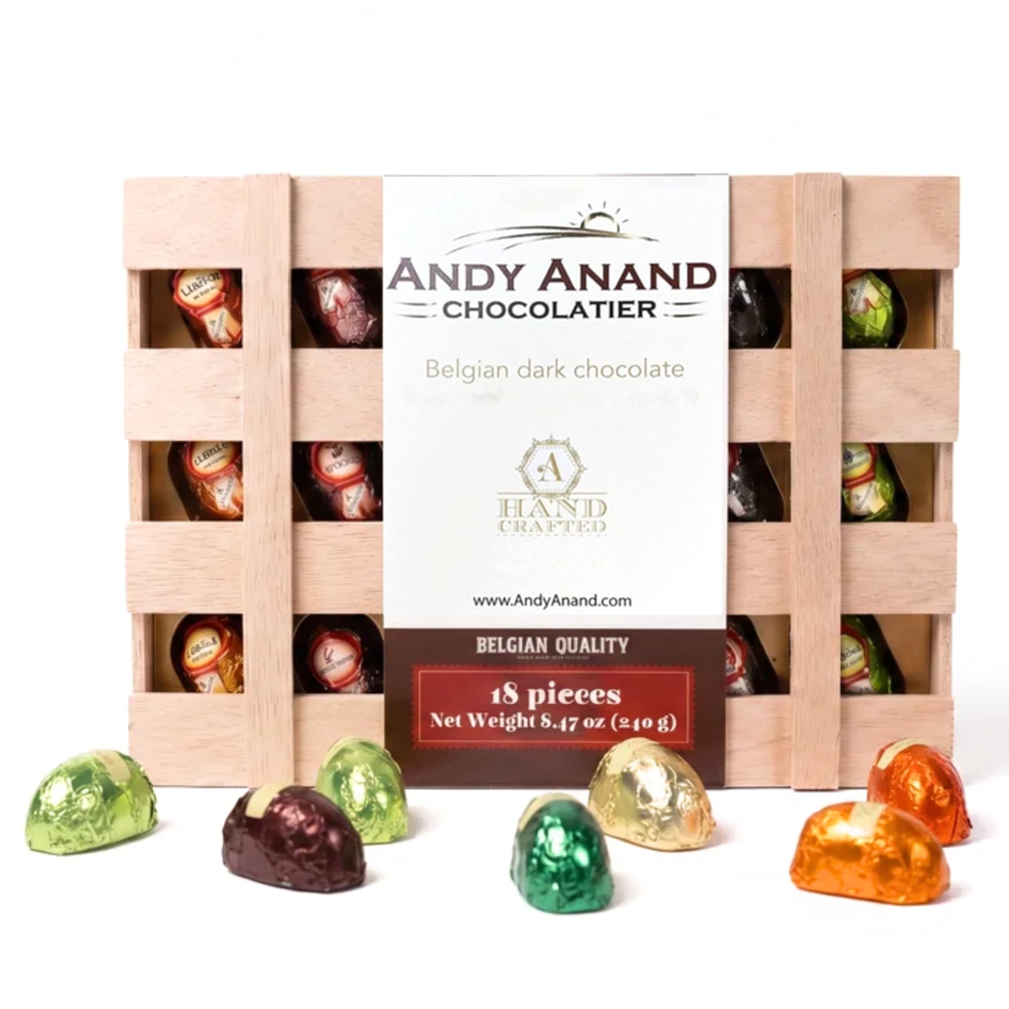 Andy Anand European Vegan Dark Chocolate Cocktail Bottles, 18 pc – Non-Alcoholic, Wooden Gift Box, 60% Cacao, Birthday & Holiday Gift