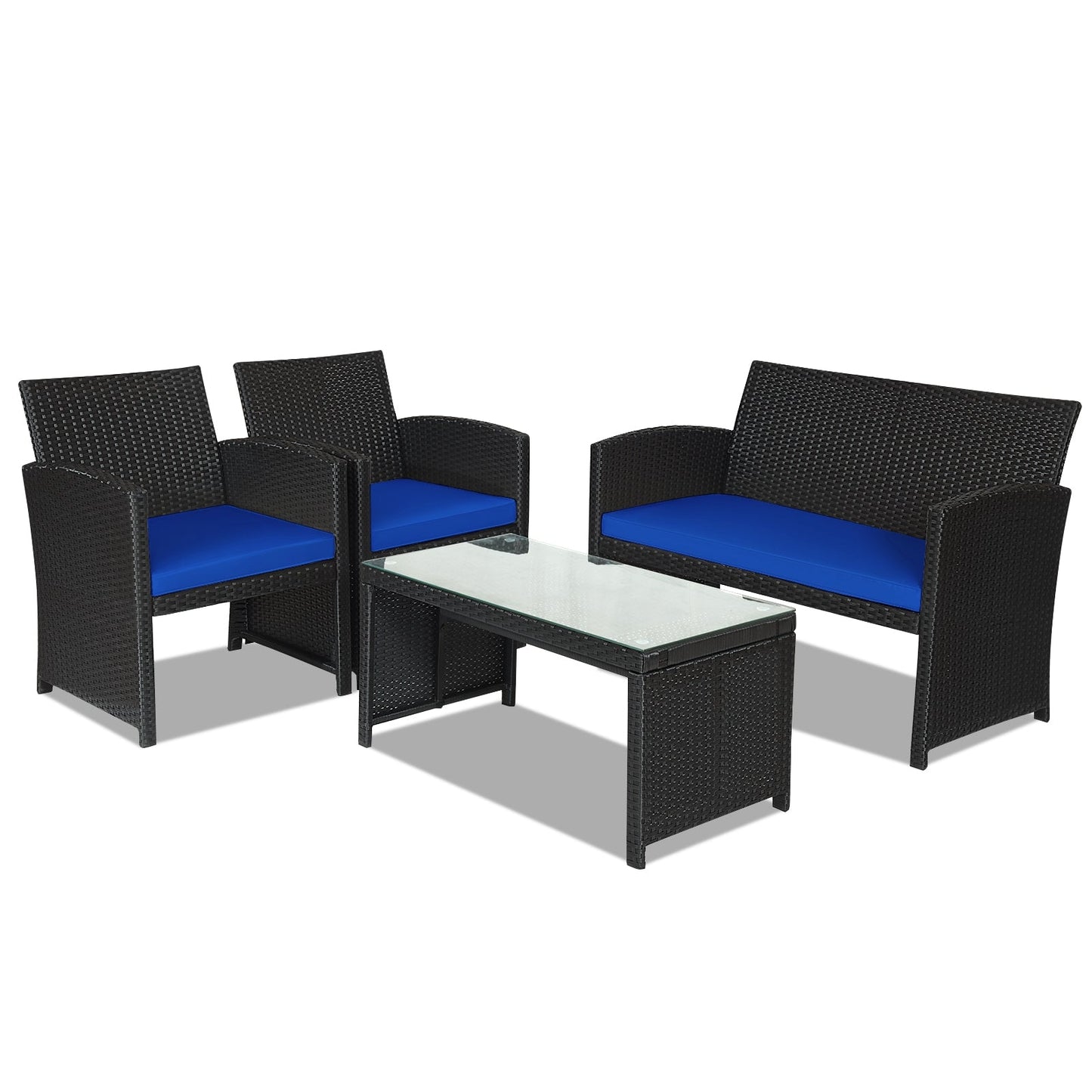 4 Pieces Rattan Patio Furniture Set with Weather Resistant Cushions and Tempered Glass Tabletop