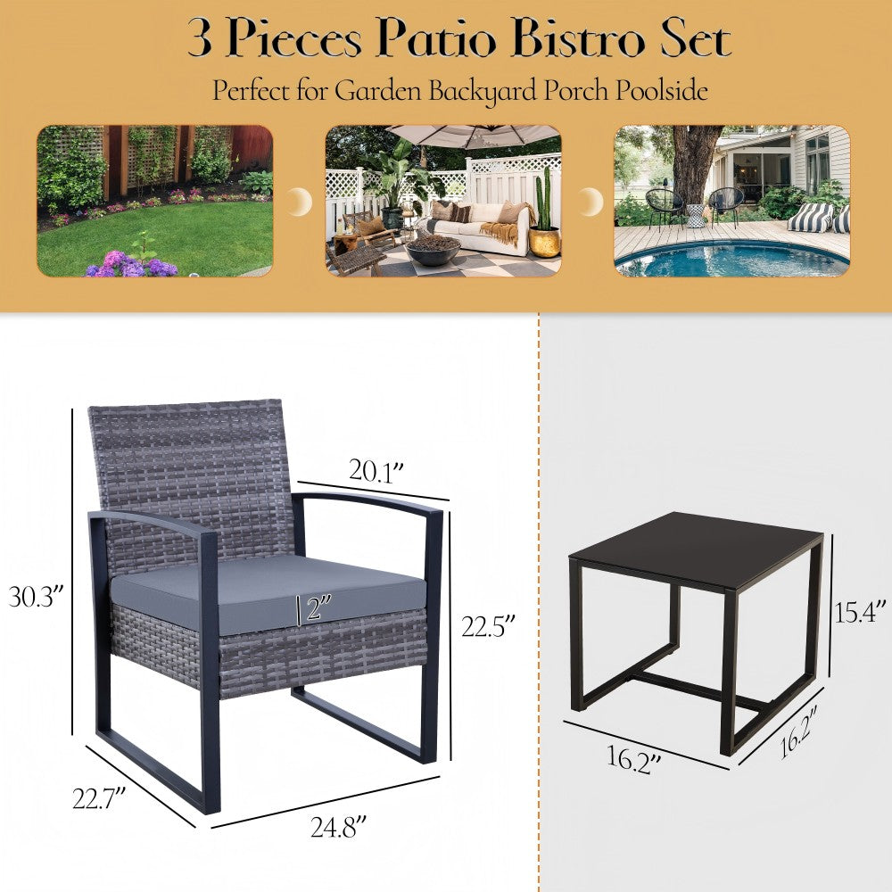 Ainfox  3 Pieces Outdoor Patio Sofa Set, Patio Bistro Set, All-Weather Wicker Conversation Set