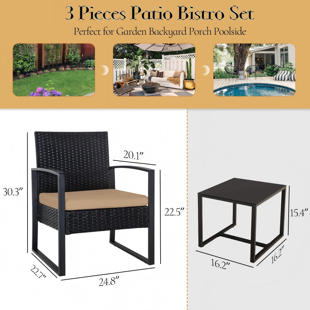 Ainfox  3 Pieces Outdoor Patio Sofa Set, Patio Bistro Set, All-Weather Wicker Conversation Set