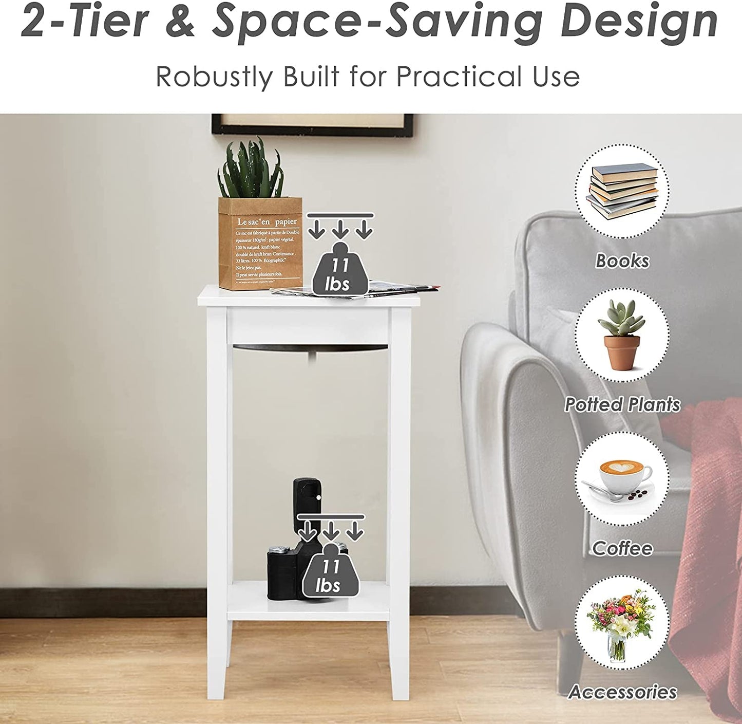 Set of 2 Versatile 2-Tier End Table with Storage Shelf