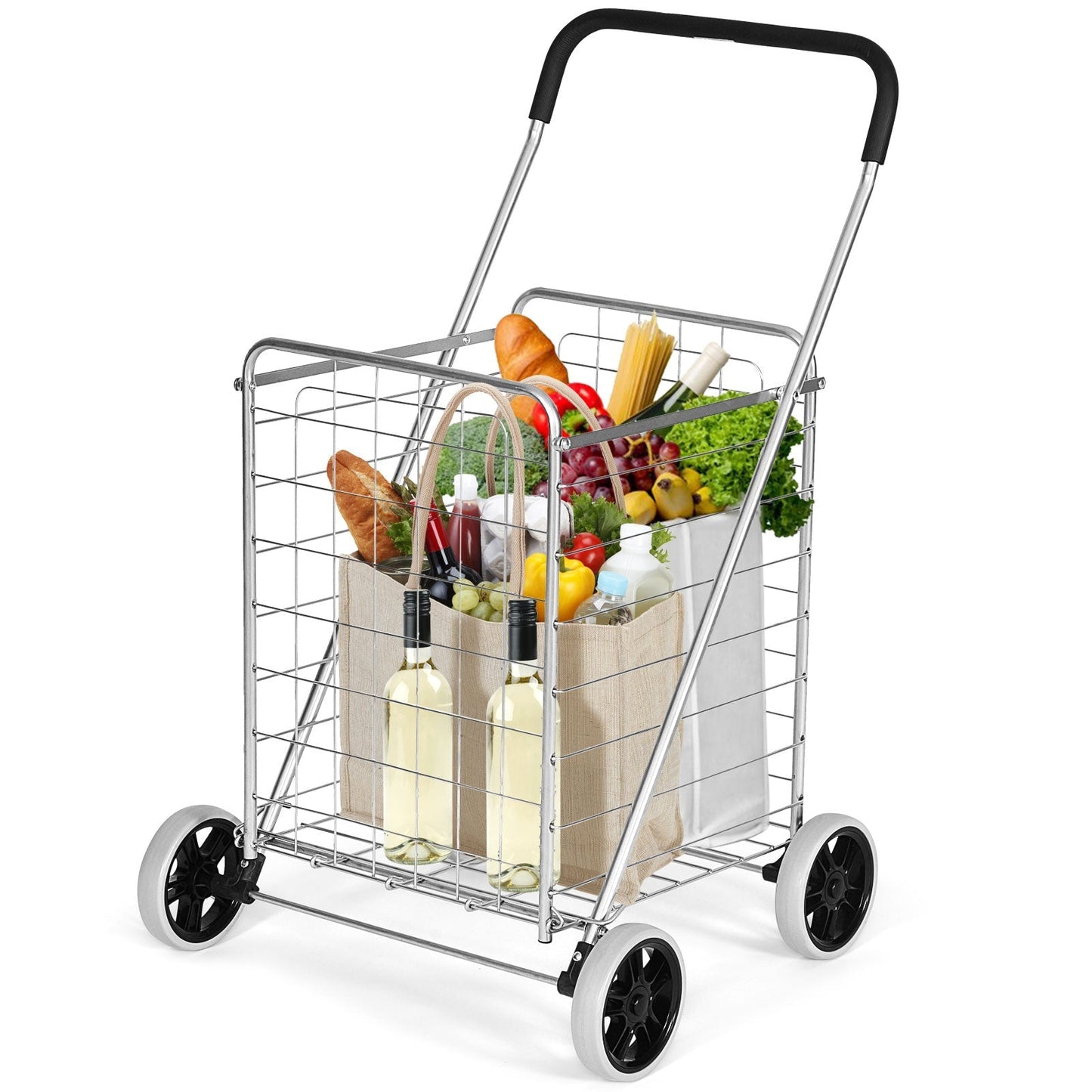Portable Folding Shopping Cart Utility for Grocery Laundry-Silver