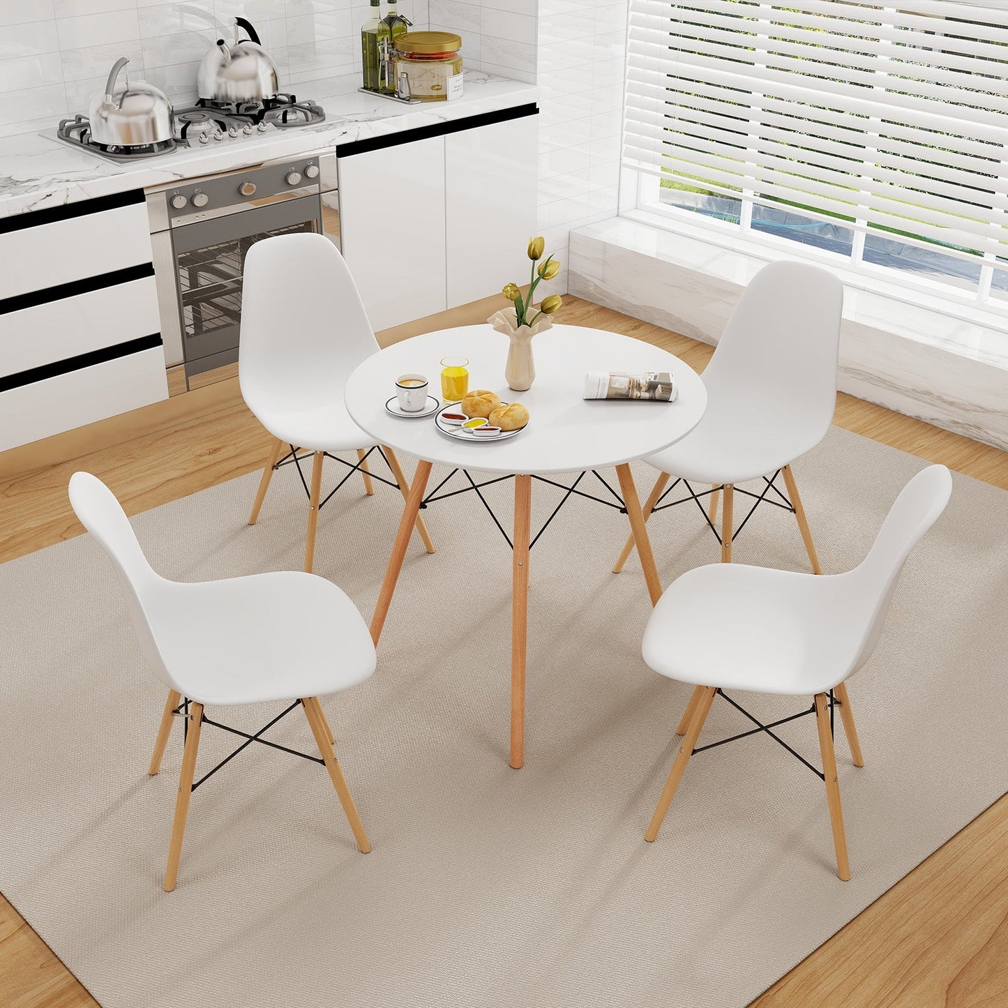 Round Modern Dining Table with Solid Wooden Leg-White