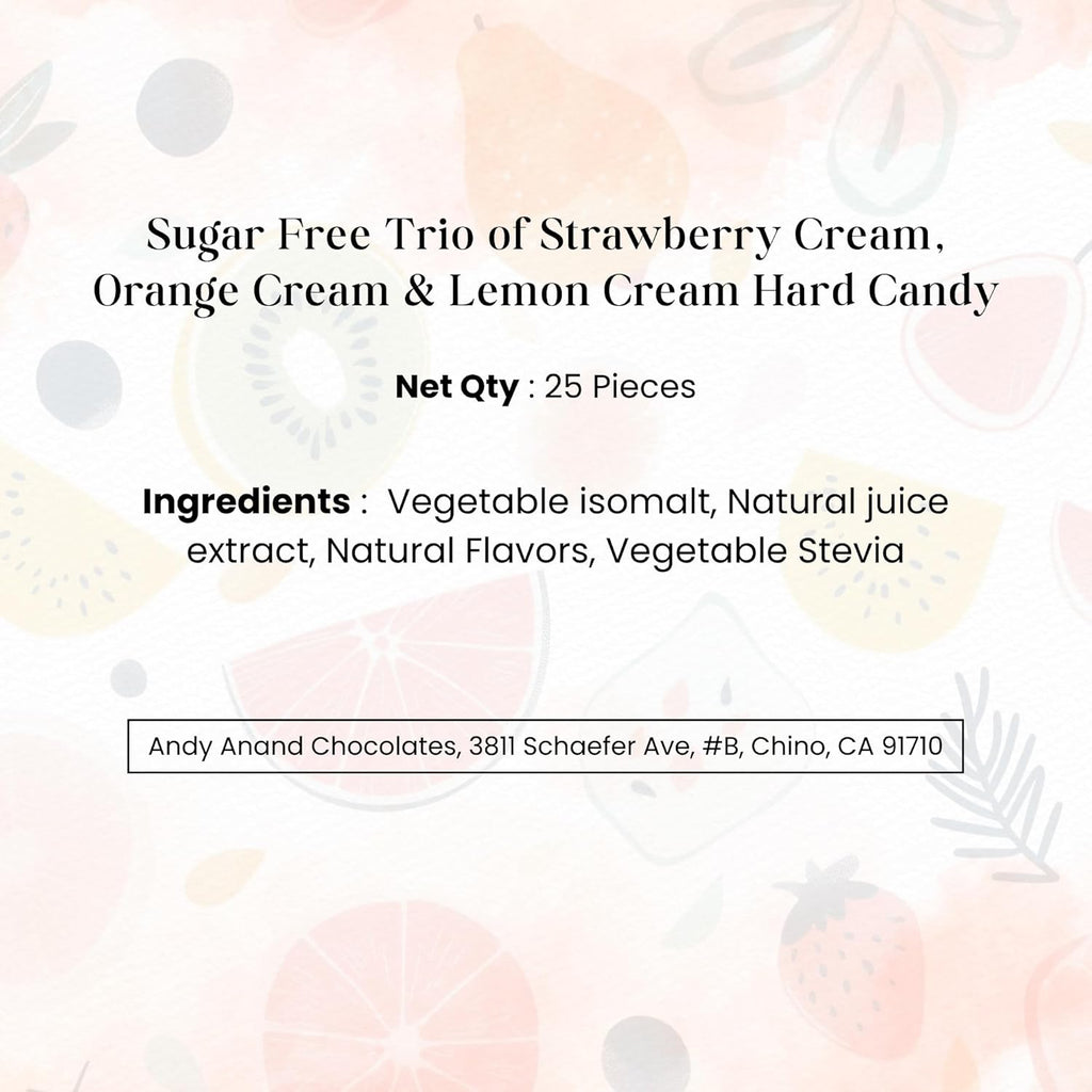 Andy Anand Sugar-Free Trio Hard Candy, 25 pc – Strawberry, Orange & Lemon, European Imported, Keto & Diabetic-Friendly Gourmet Gift Box