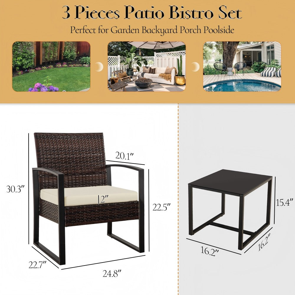 Ainfox  3 Pieces Outdoor Patio Sofa Set, Patio Bistro Set, All-Weather Wicker Conversation Set