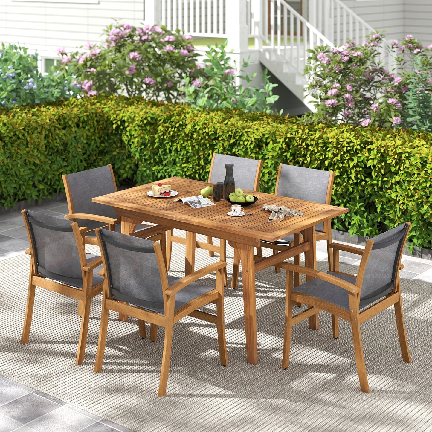 Patio Chairs Set of 2 Acacia Wood Armchairs with Breathable Fabric Back and Seat