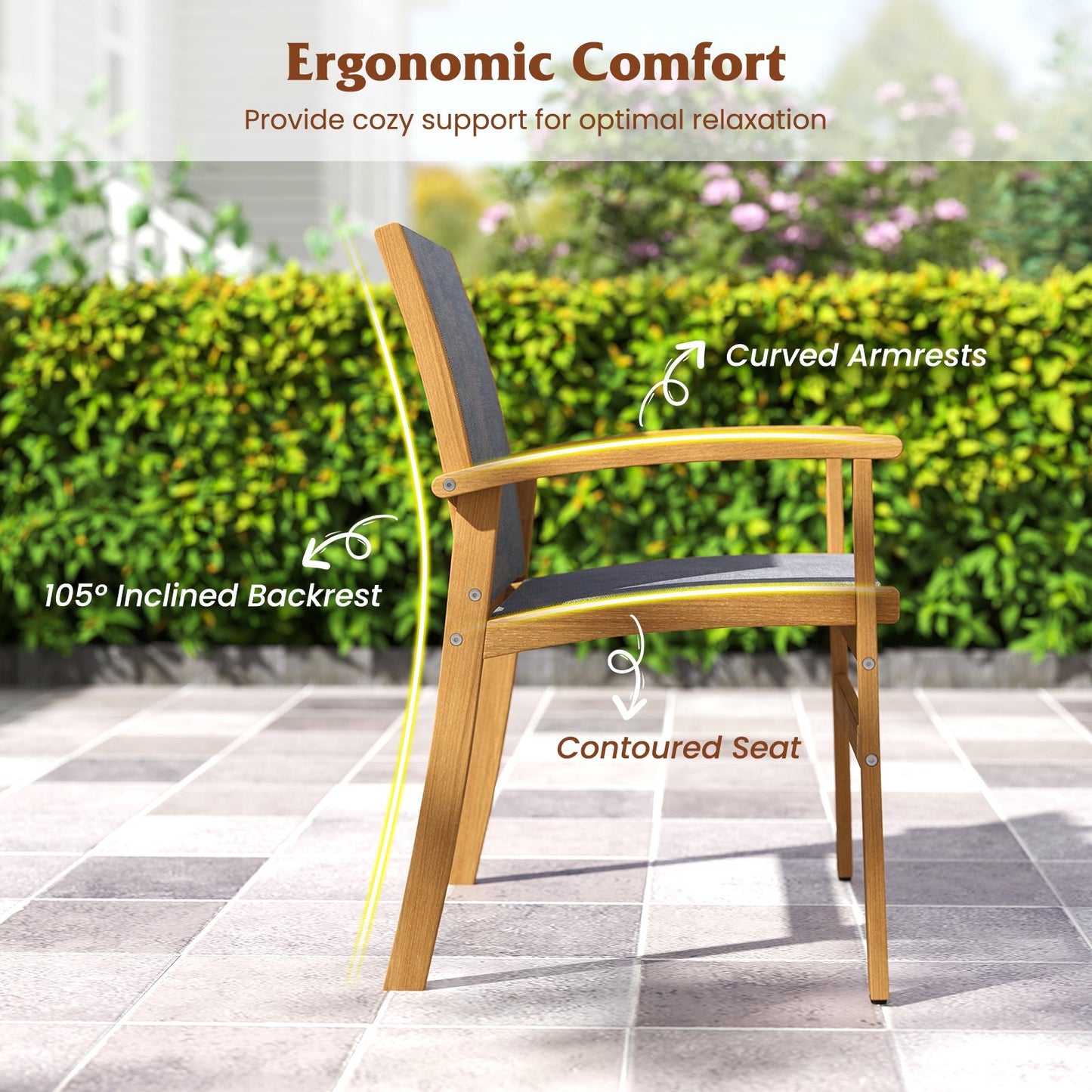 Patio Chairs Set of 2 Acacia Wood Armchairs with Breathable Fabric Back and Seat