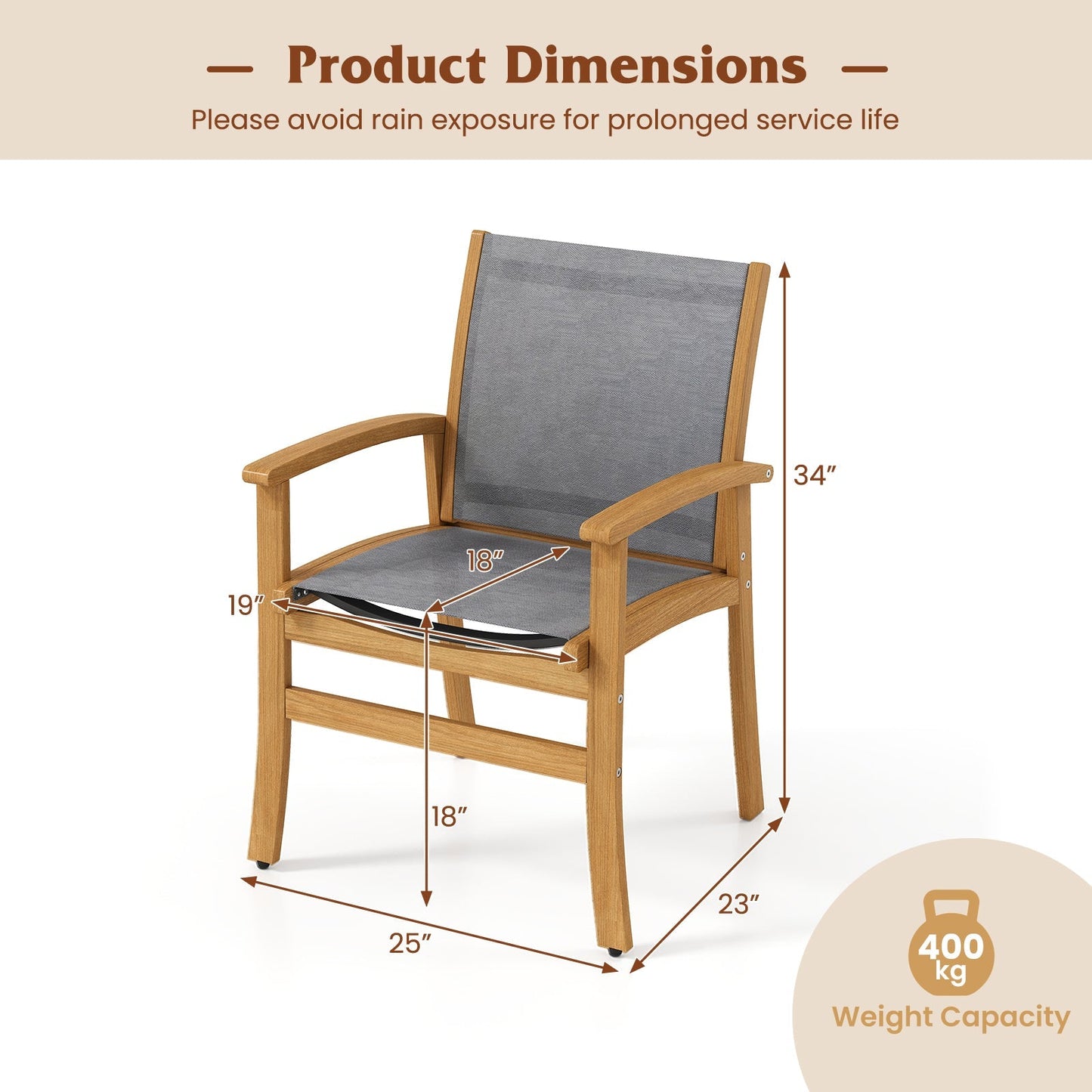 Patio Chairs Set of 2 Acacia Wood Armchairs with Breathable Fabric Back and Seat