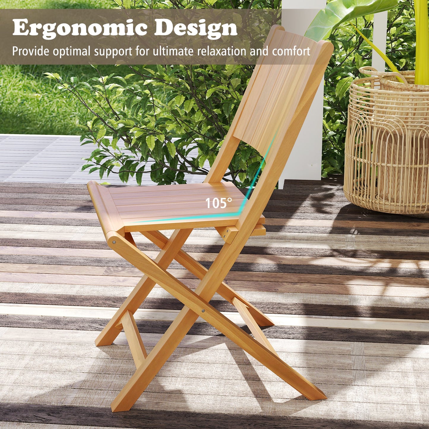 2 Pieces Teak Wood Outdoor Dining Chairs with Slatted Seat