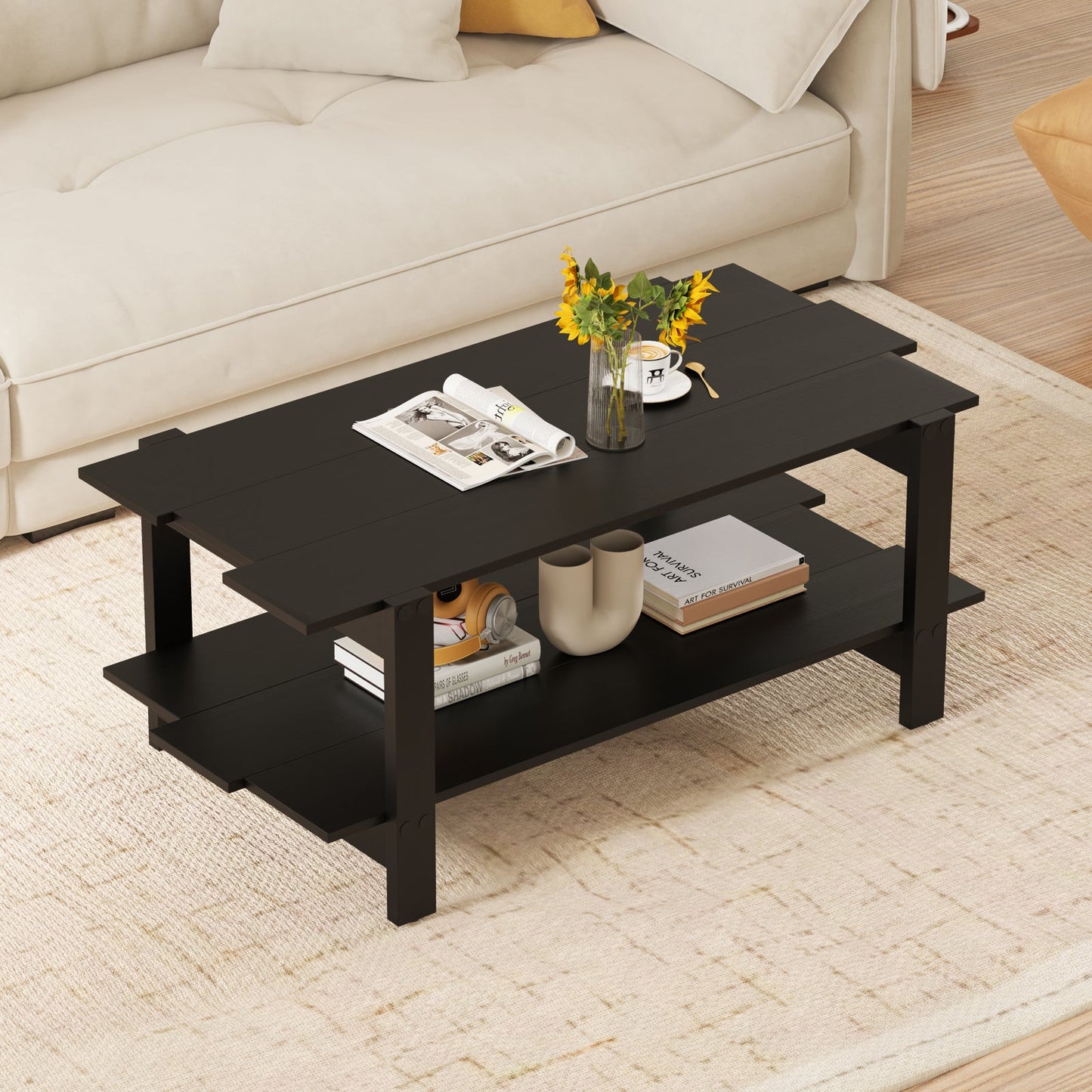 2-Tier Coffee Table Slatted Wood Center Table with Storage Shelf