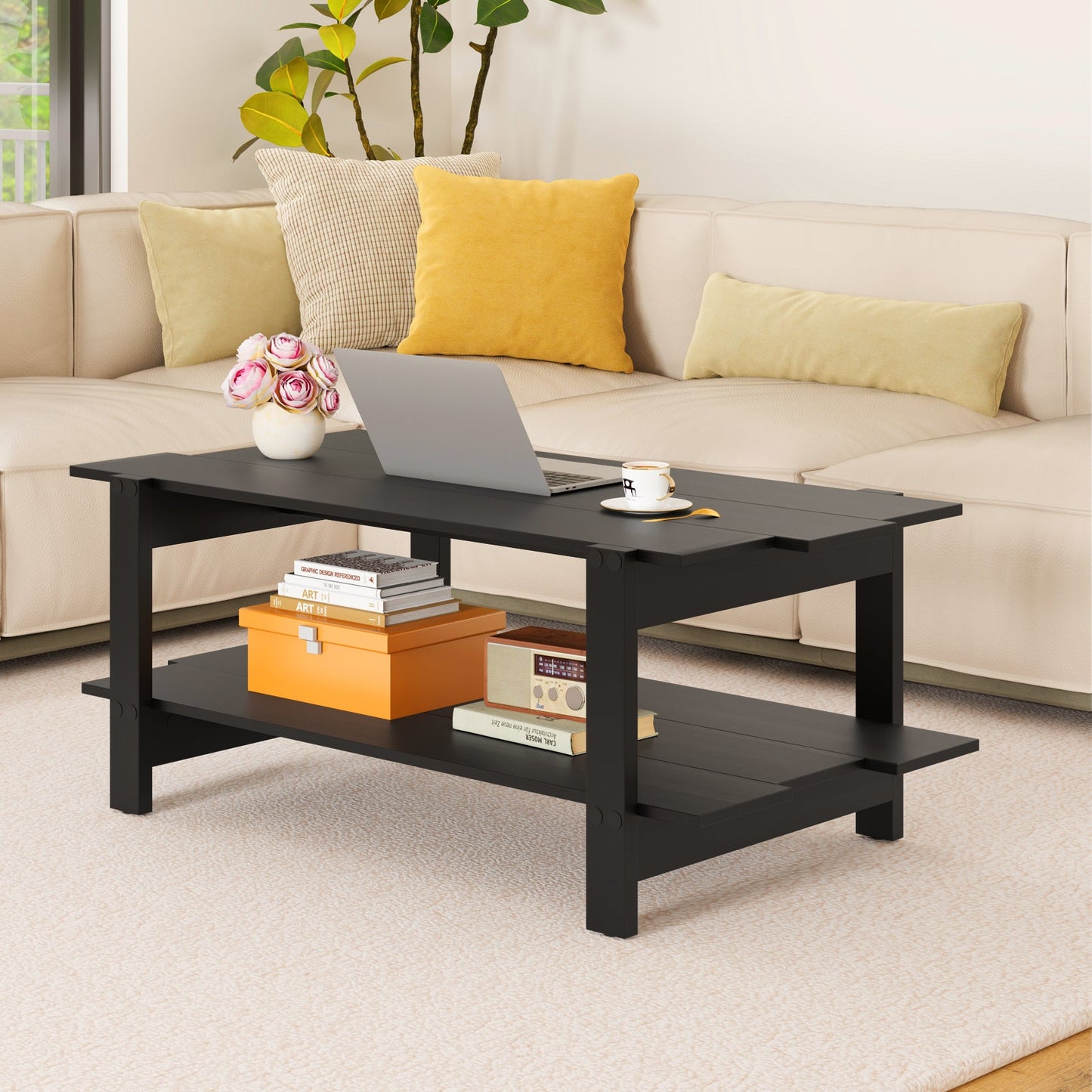 2-Tier Coffee Table Slatted Wood Center Table with Storage Shelf