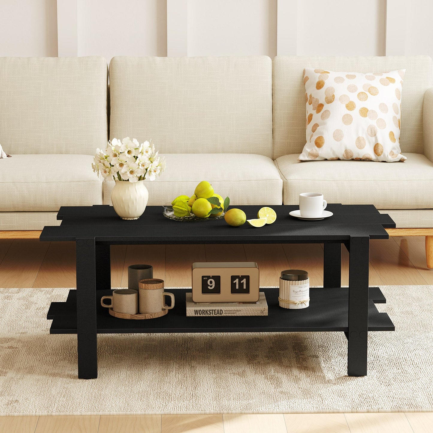 2-Tier Coffee Table Slatted Wood Center Table with Storage Shelf