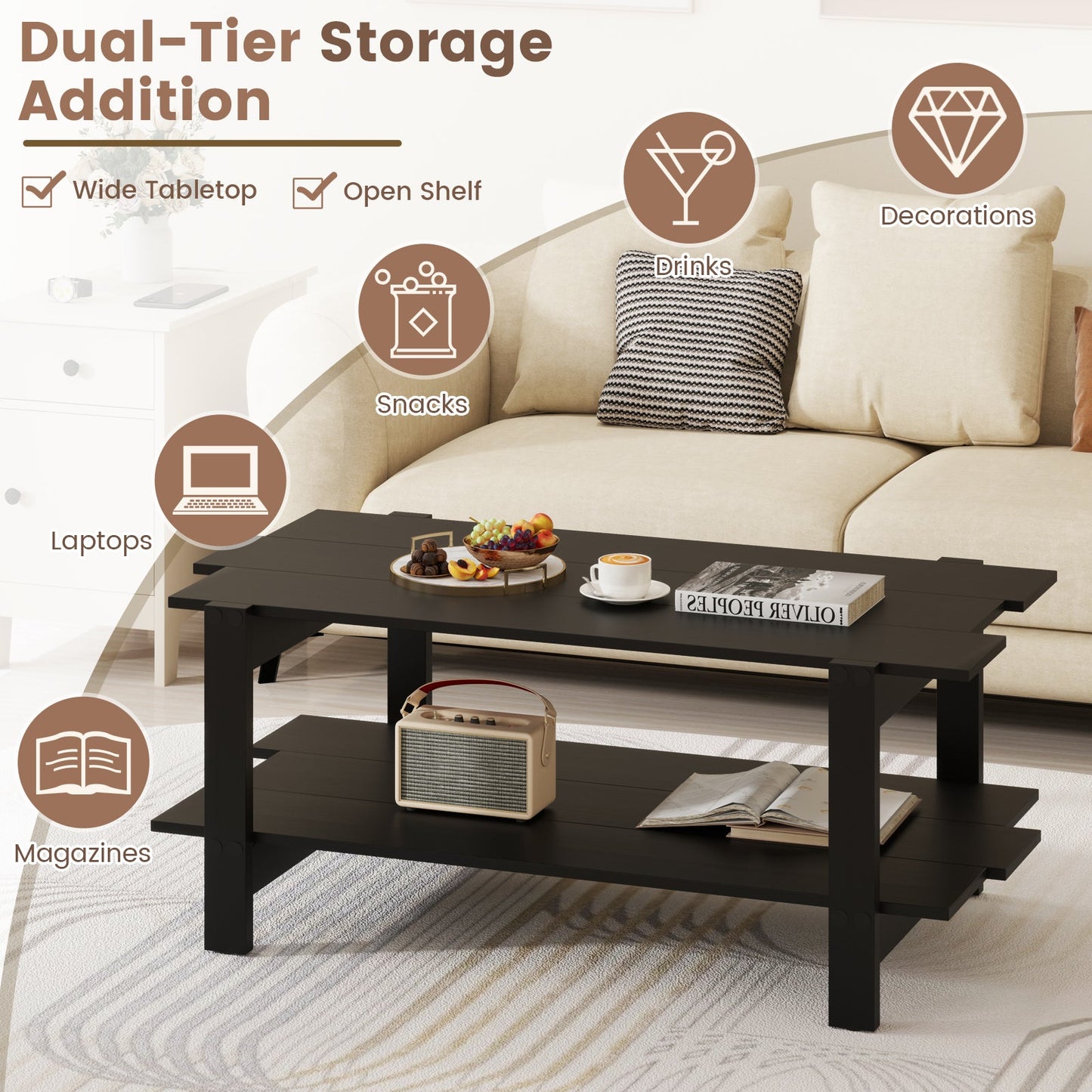 2-Tier Coffee Table Slatted Wood Center Table with Storage Shelf